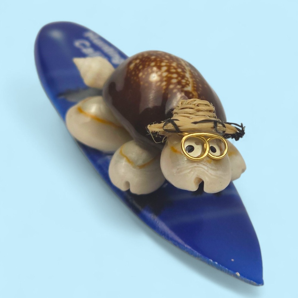 Vintage Huntington Beach CA Sea Shell Turtle on Surfboard Figurine Souvenir